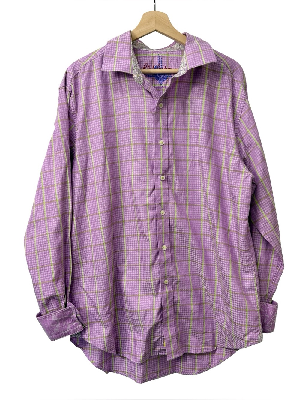 Robert Graham‎ men's button-up shirt bright purple yellow plaid 100% Cotton XL